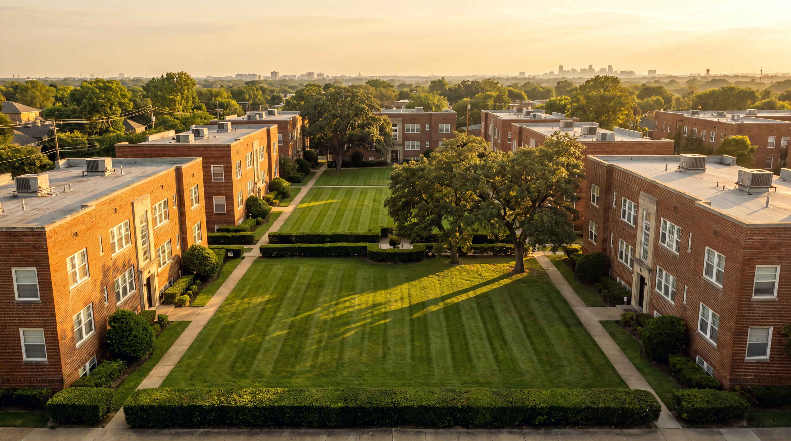 Golden-hour aerial view of a well-kept brick garden-apartment community with manicured courtyards and mature shade trees, representative of northern New Jersey multifamily stock