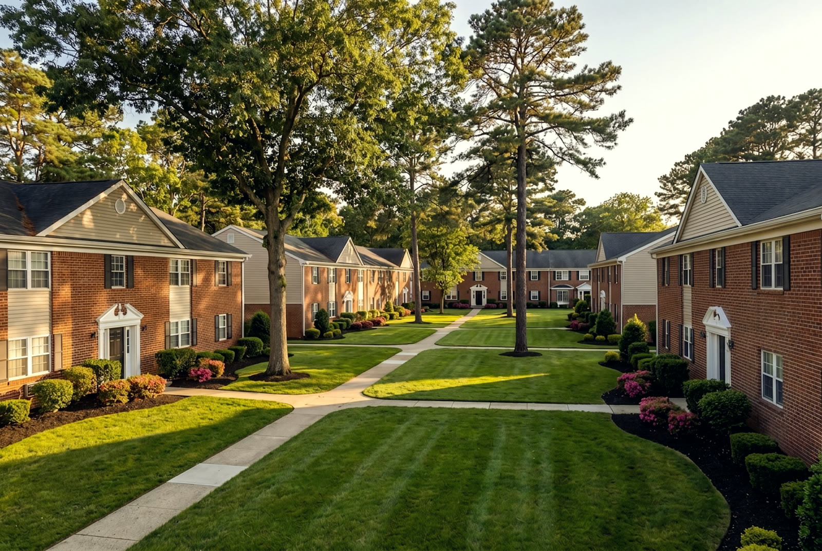 Two-story garden apartment buildings around a broad green courtyard among oaks and pines, representative of Ocean County, New Jersey garden-style stock