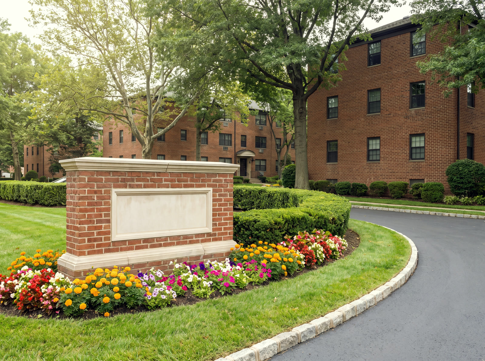 Landscaped entrance walk of a brick garden-apartment community at dusk